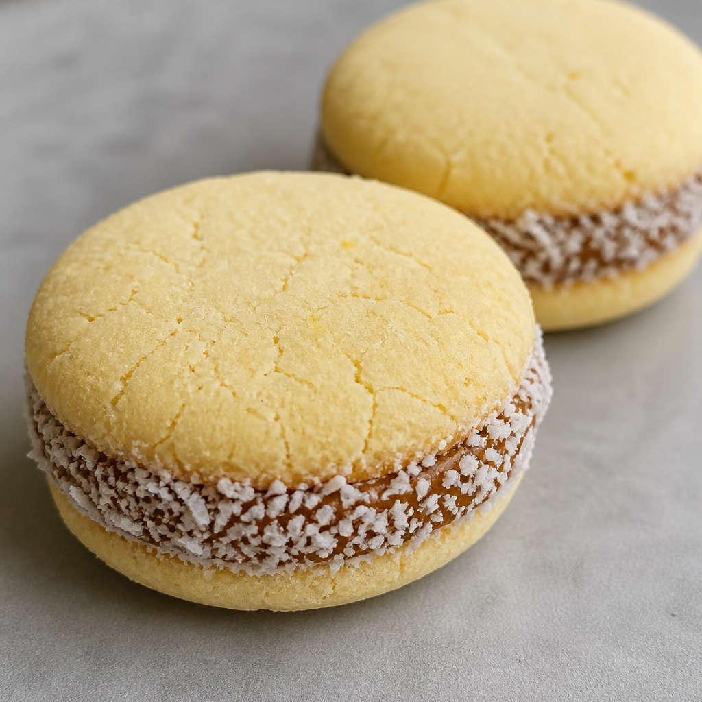 Alfajores de maicena argentinos rellenos con dulce de leche y coco rallado