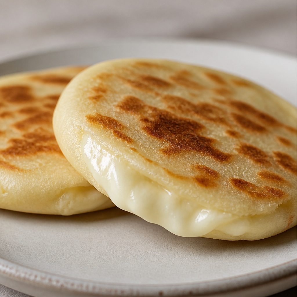 Arepas de queso doradas y rellenas con queso cremoso