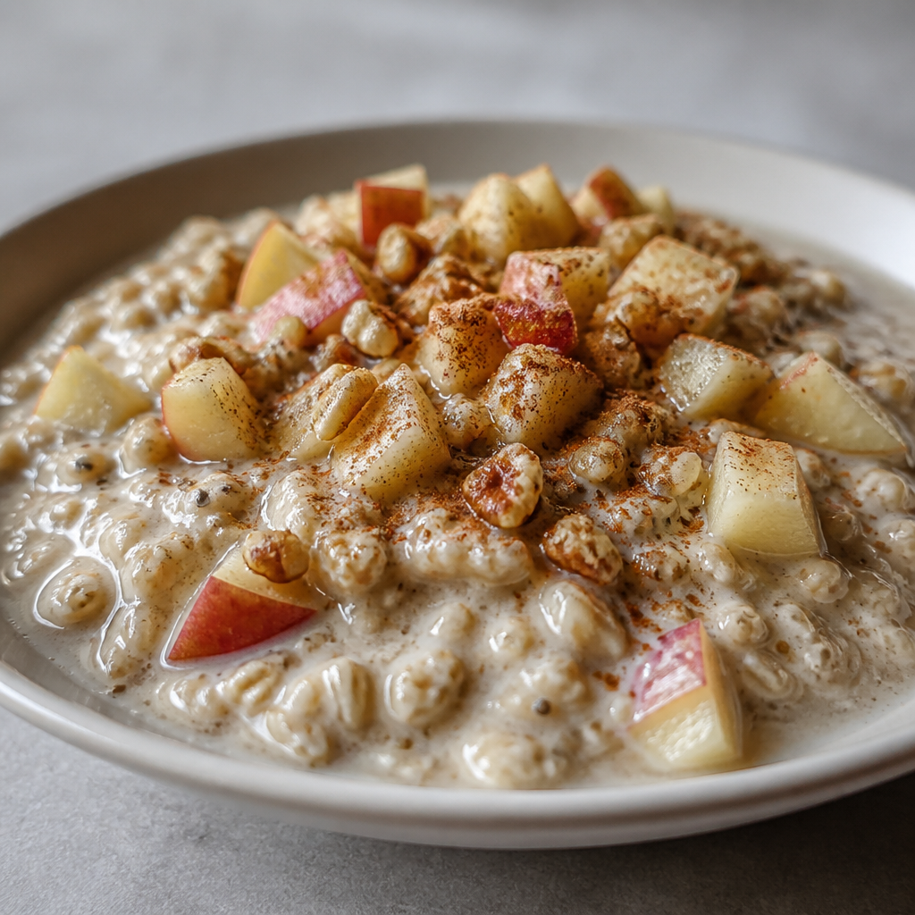 Avena caliente con manzana, canela, nueces y chía en un bowl