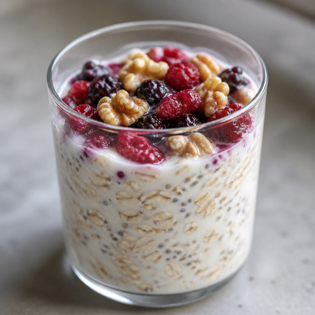 Avena overnight con yogur, frutos rojos, chía y nueces en un frasco