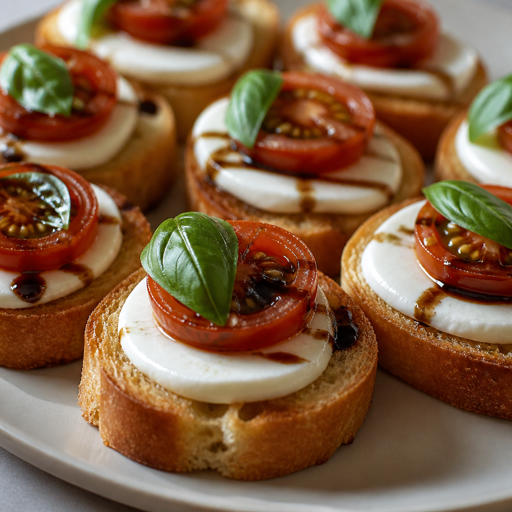 Bocaditos caprese con pan crocante, tomate cherry, mozzarella y albahaca