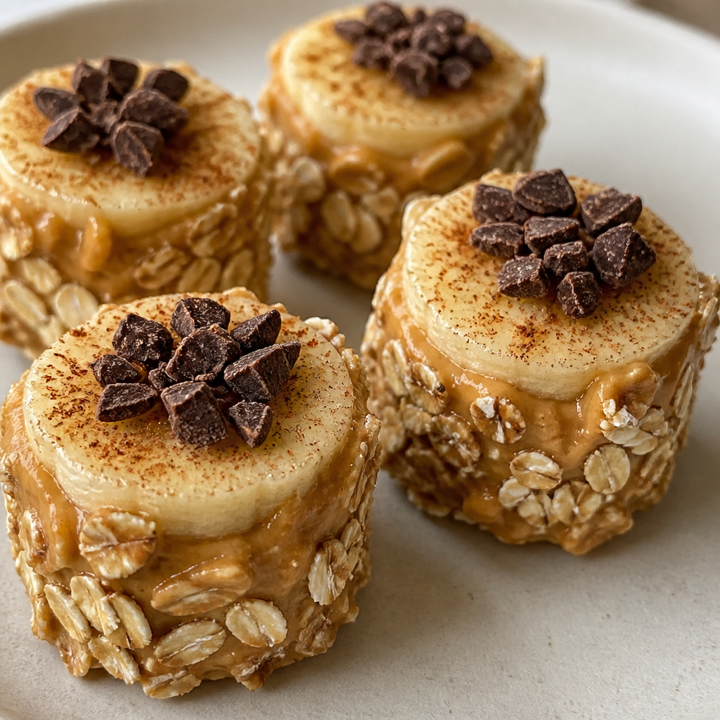 Bocados de banana con mantequilla de maní, avena y chocolate
