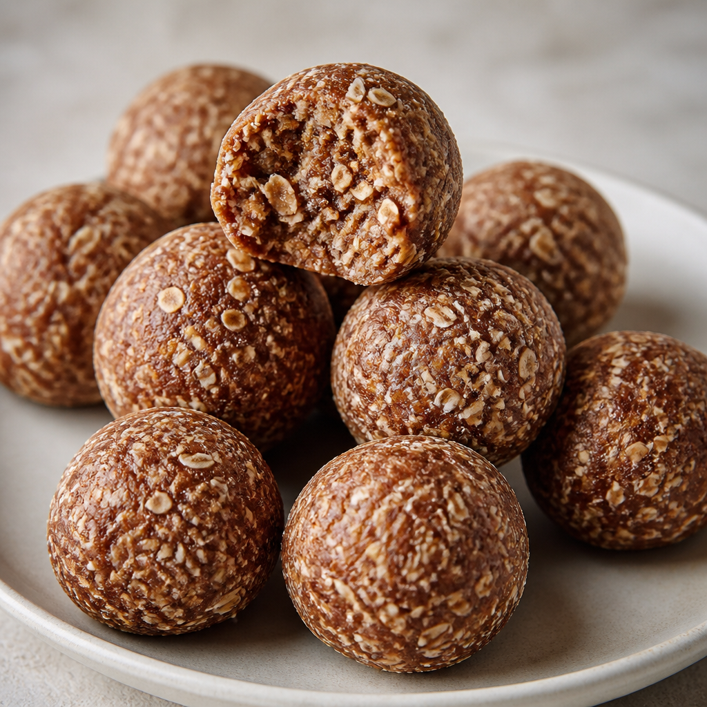 Bolitas de avena y cacao con coco rallado en una fuente