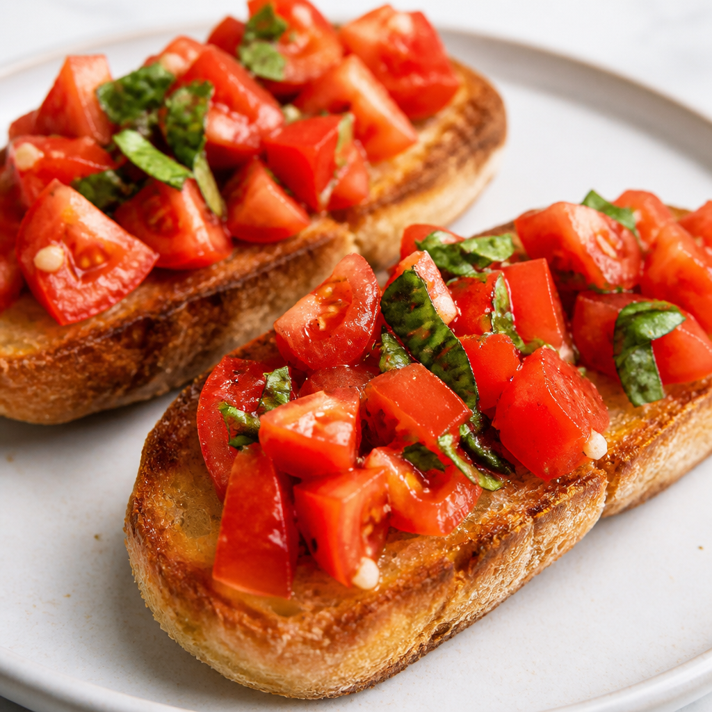 Bruschettas de tomate y albahaca sobre una tabla de madera