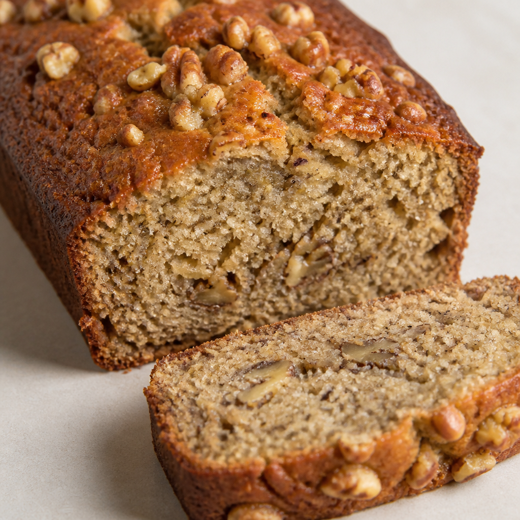 Budín de banana casero en rodajas sobre una tabla de madera