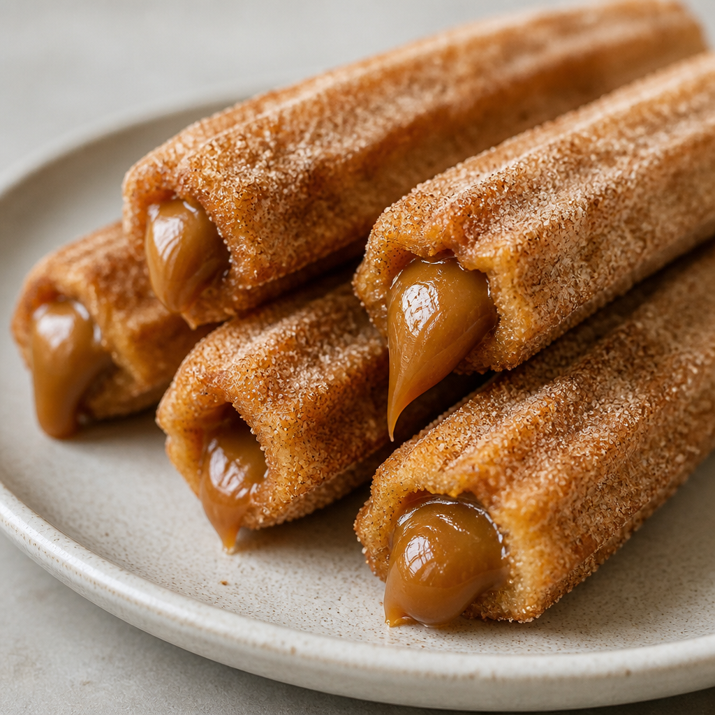 Churros dorados con azúcar, canela y dulce de leche