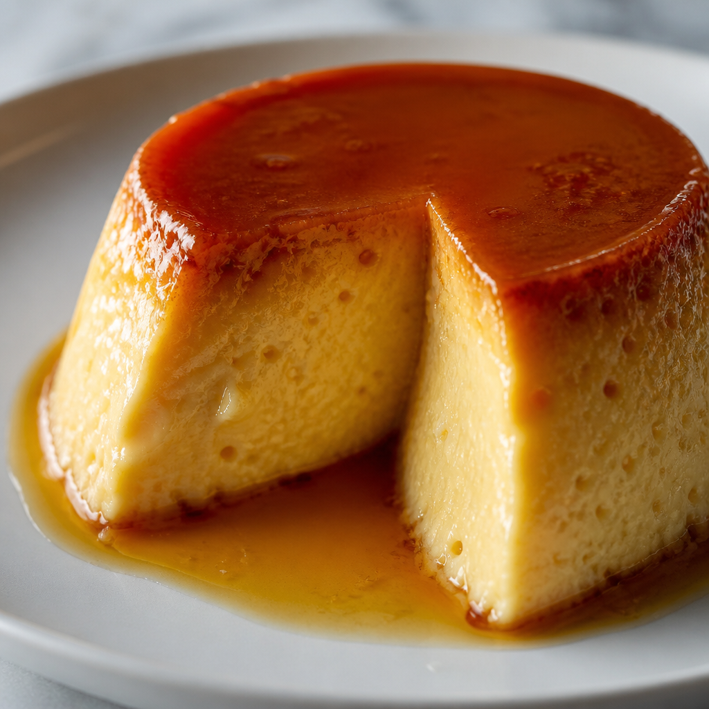 Flan de huevo casero con caramelo dorado servido en un plato