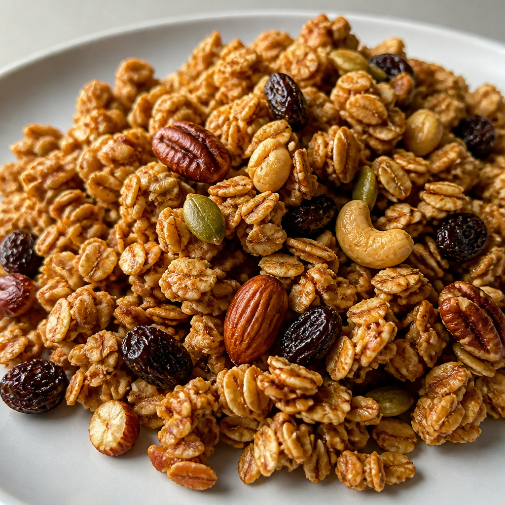 Granola casera crocante con avena, frutos secos, semillas y pasas