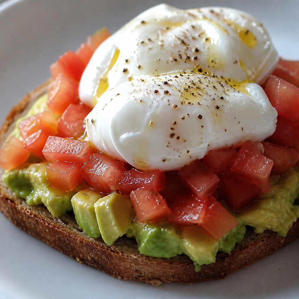 Huevos pochados con palta, tomate y tostadas
