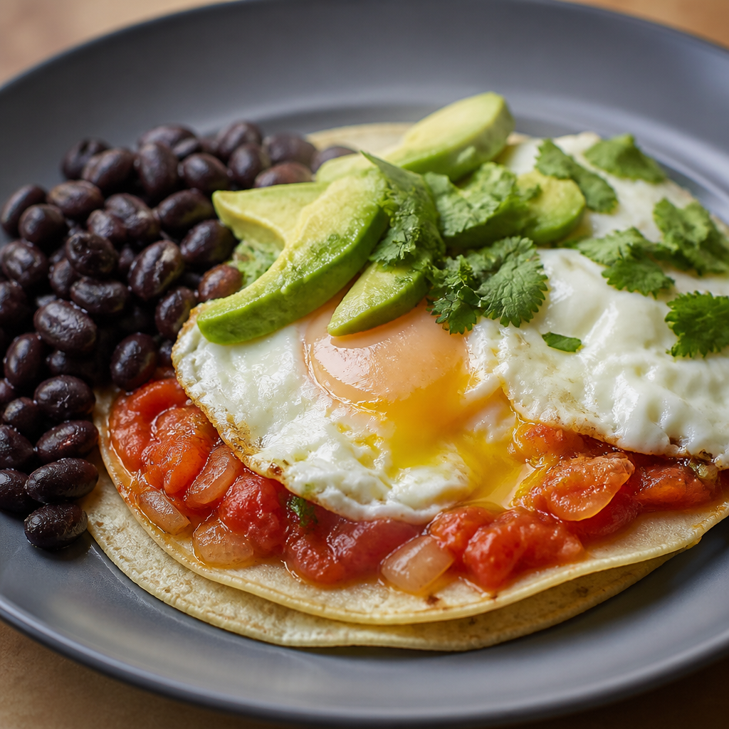 Huevos rancheros con tortillas de maíz, porotos negros, salsa y palta