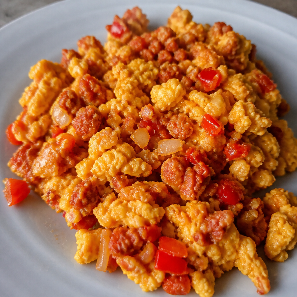 Huevos revueltos cremosos con chorizo colorado, cebolla y morrón