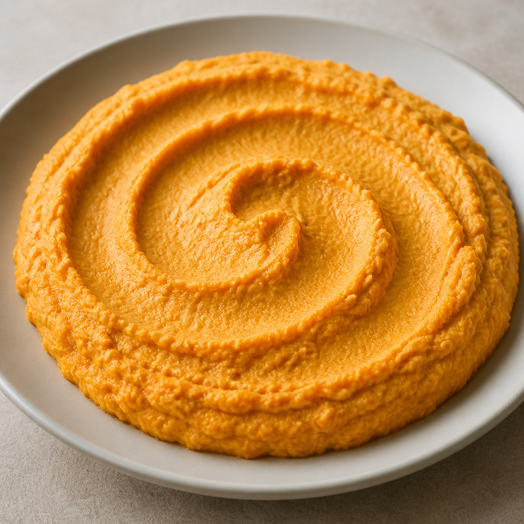 Hummus cremoso de garbanzos servido con bastones de zanahoria