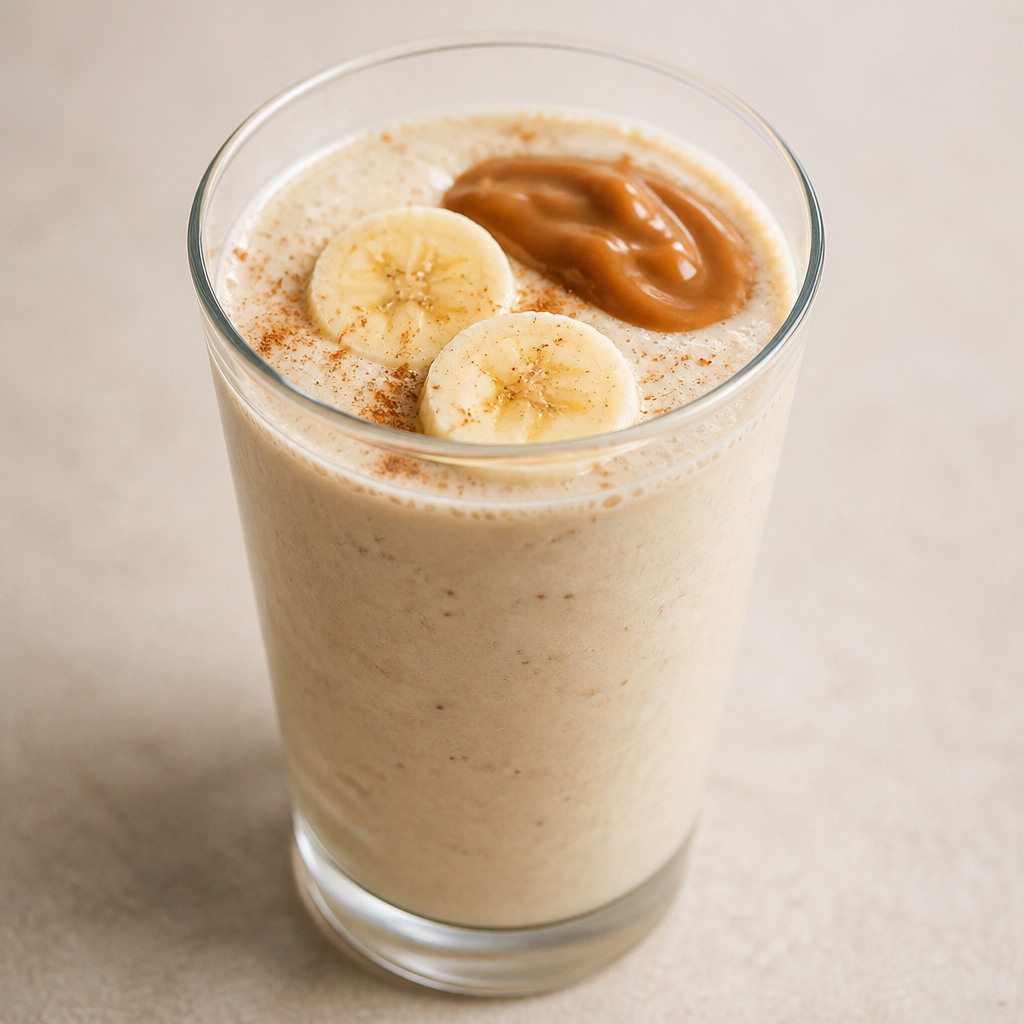 Licuado cremoso de banana y leche servido en un vaso