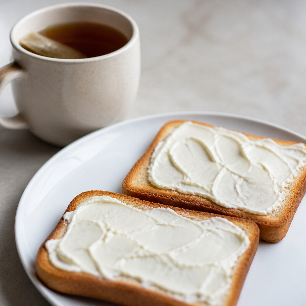 Taza de mate cocido con tostadas y queso untable