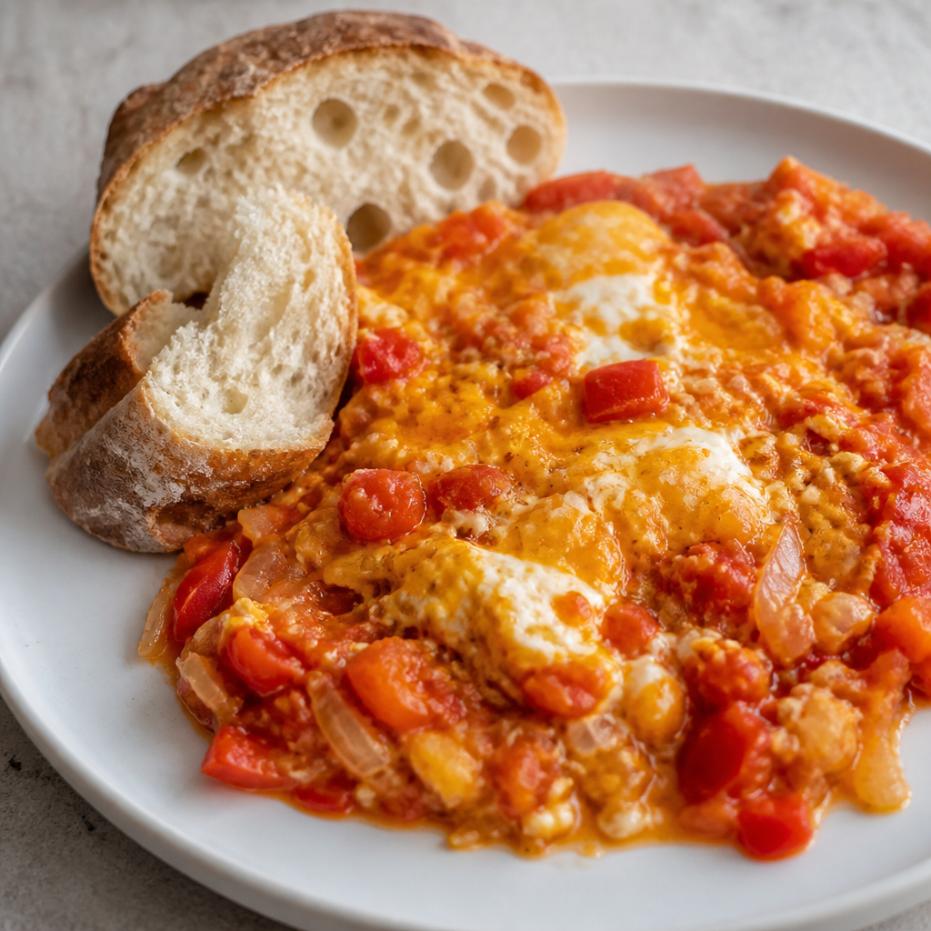 Menemen turco de huevos y tomate servido con pan dorado