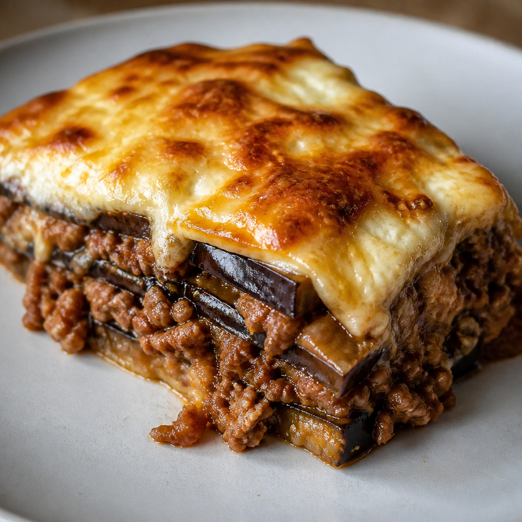 Moussaka de berenjenas y carne con capas doradas y salsa cremosa