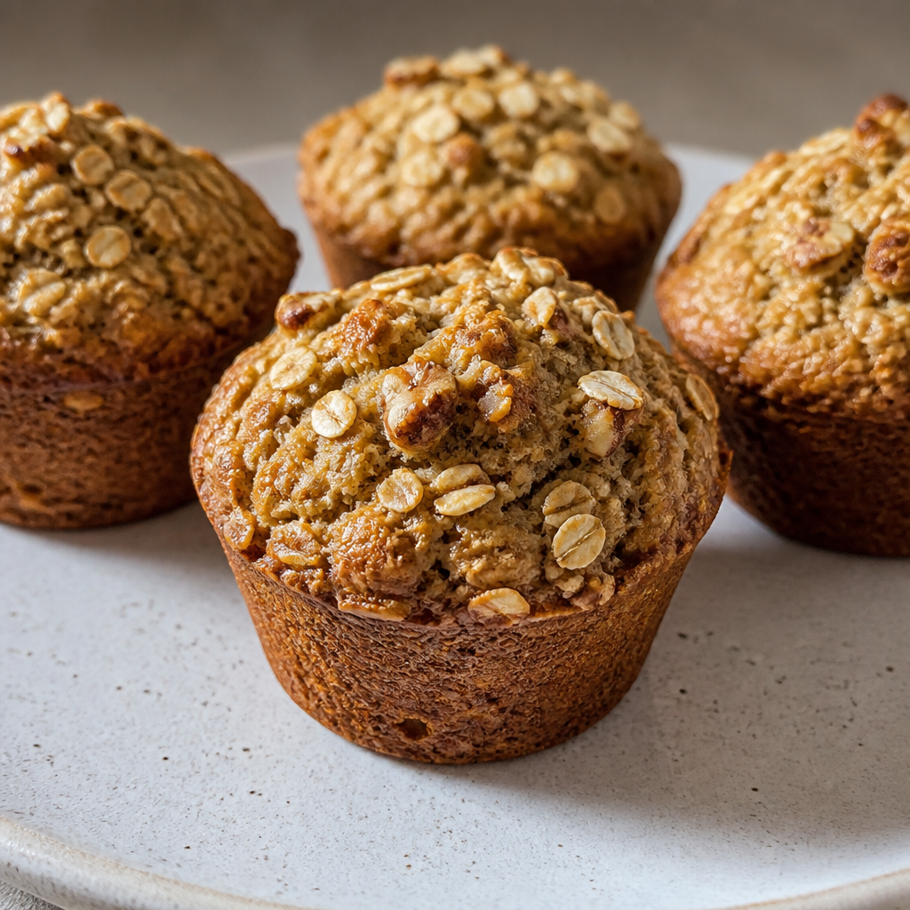 Muffins caseros de banana y avena dorados, servidos en una mesa de desayuno
