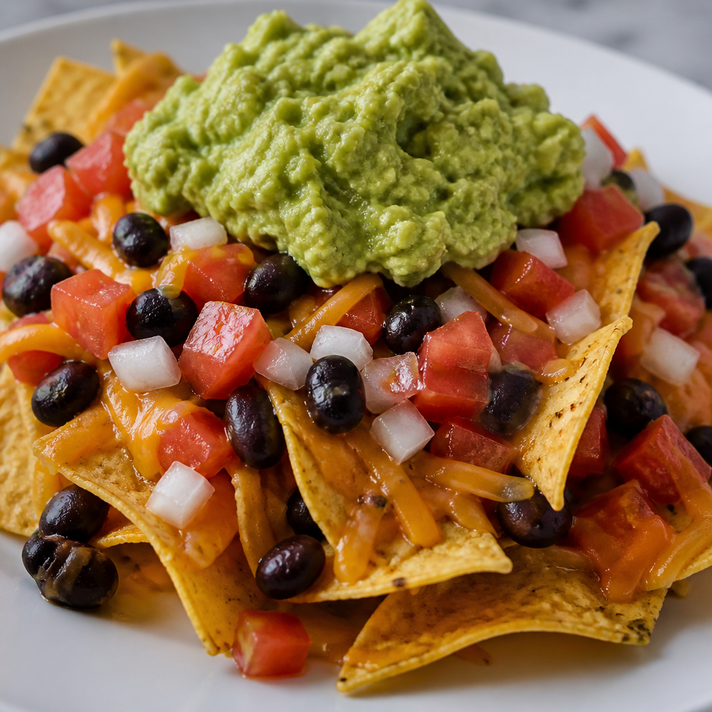 Nachos con queso, porotos negros y guacamole de palta