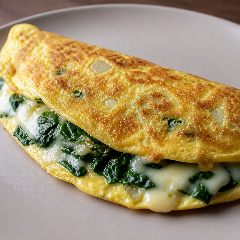 Omelette dorada de espinaca y queso con palta en un plato