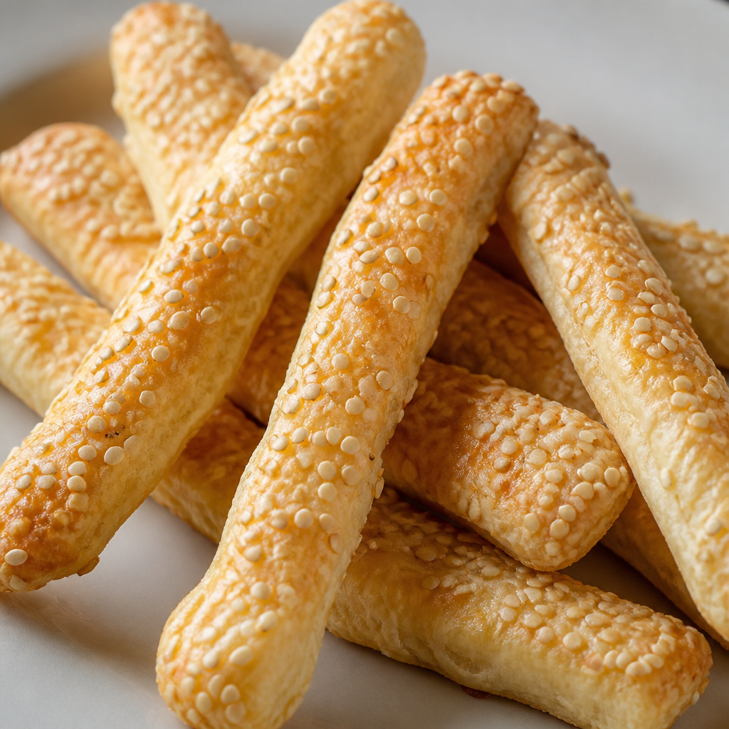 Palitos de queso al horno dorados servidos en una fuente