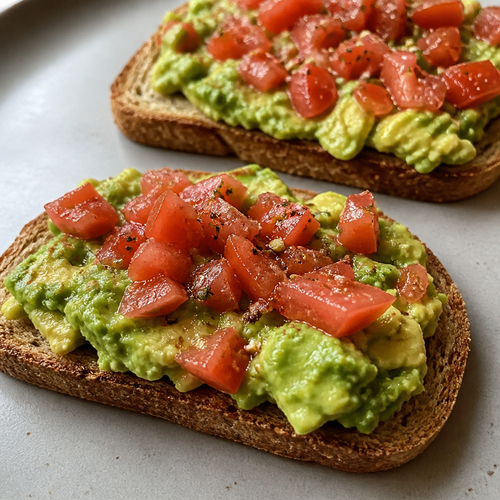 Tostadas doradas con palta pisada, tomate y limón