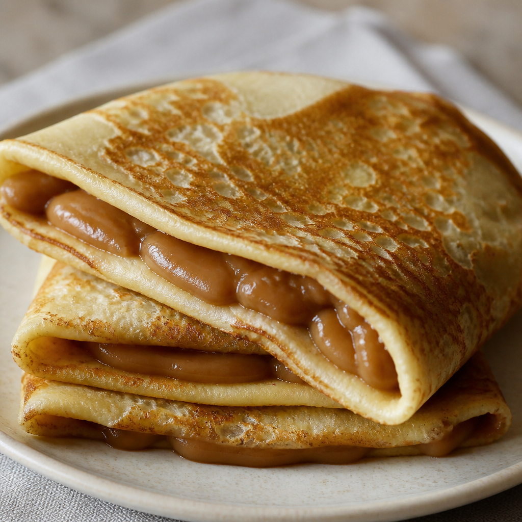 Panqueques argentinos rellenos con dulce de leche y doblados en un plato