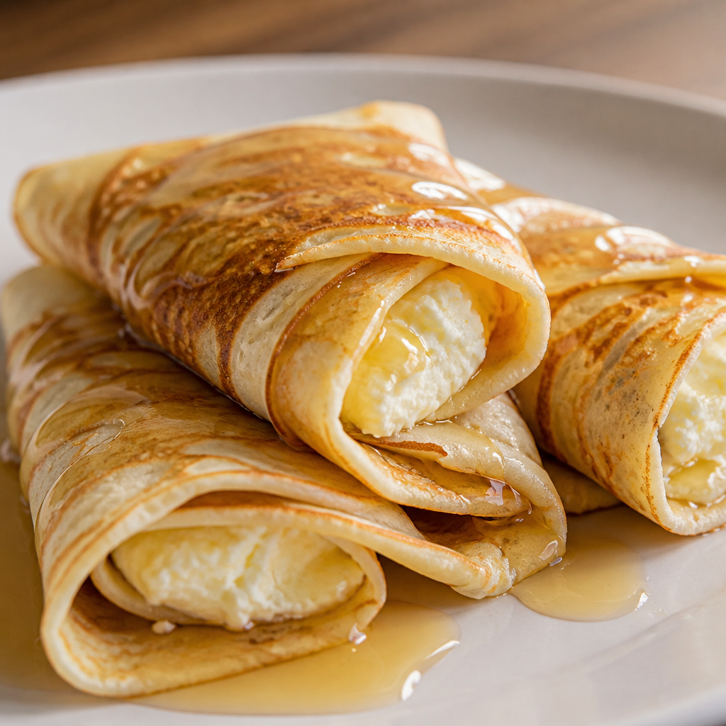 Panqueques de ricota apilados con miel y fruta fresca