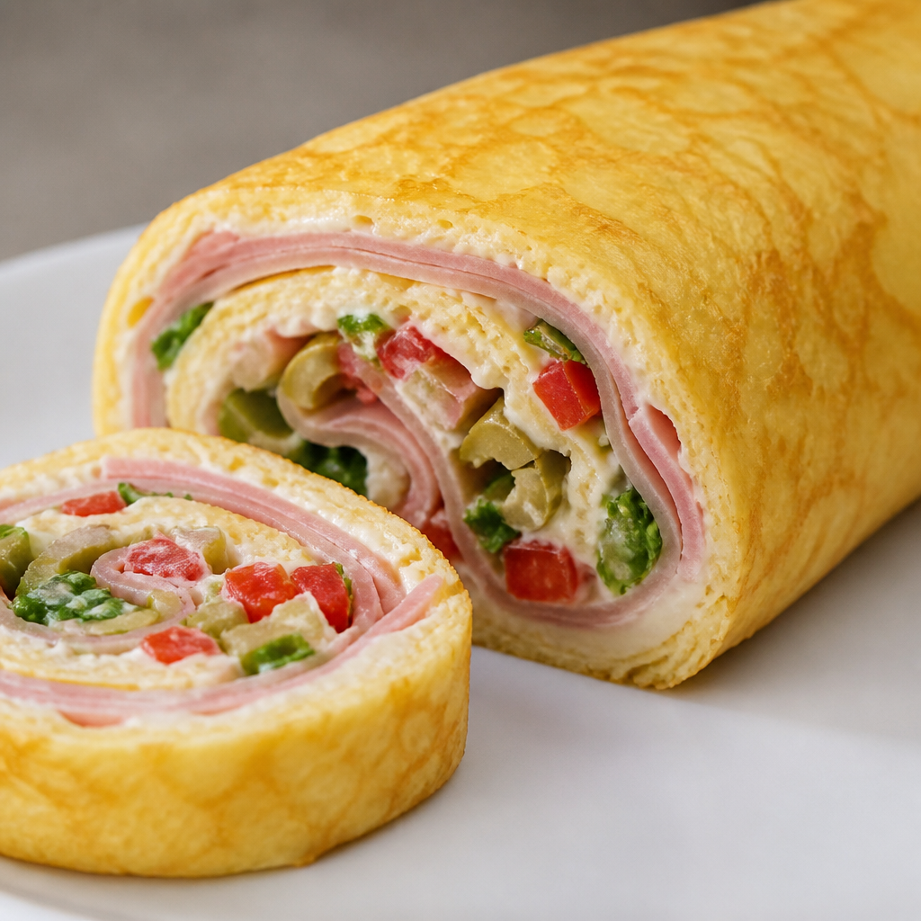 Pionono argentino enrollado con jamón, queso y vegetales