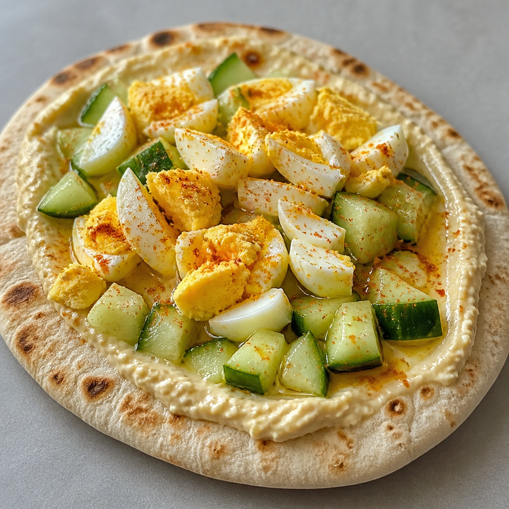 Pita tibia rellena con hummus, huevo revuelto y pepino fresco