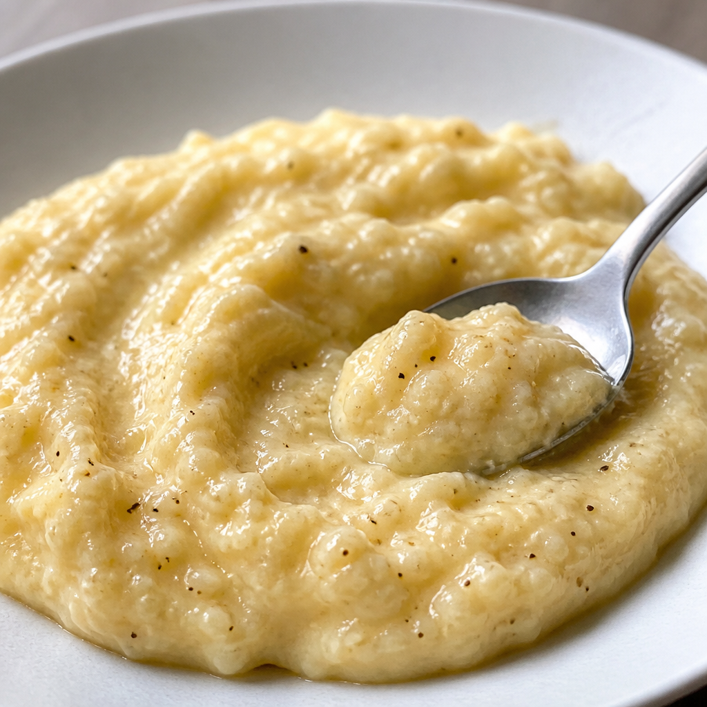 Bowl de polenta cremosa con queso fundido y pimienta