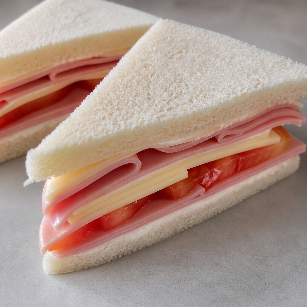 Sándwiches de miga de jamón, queso y tomate cortados en triángulos
