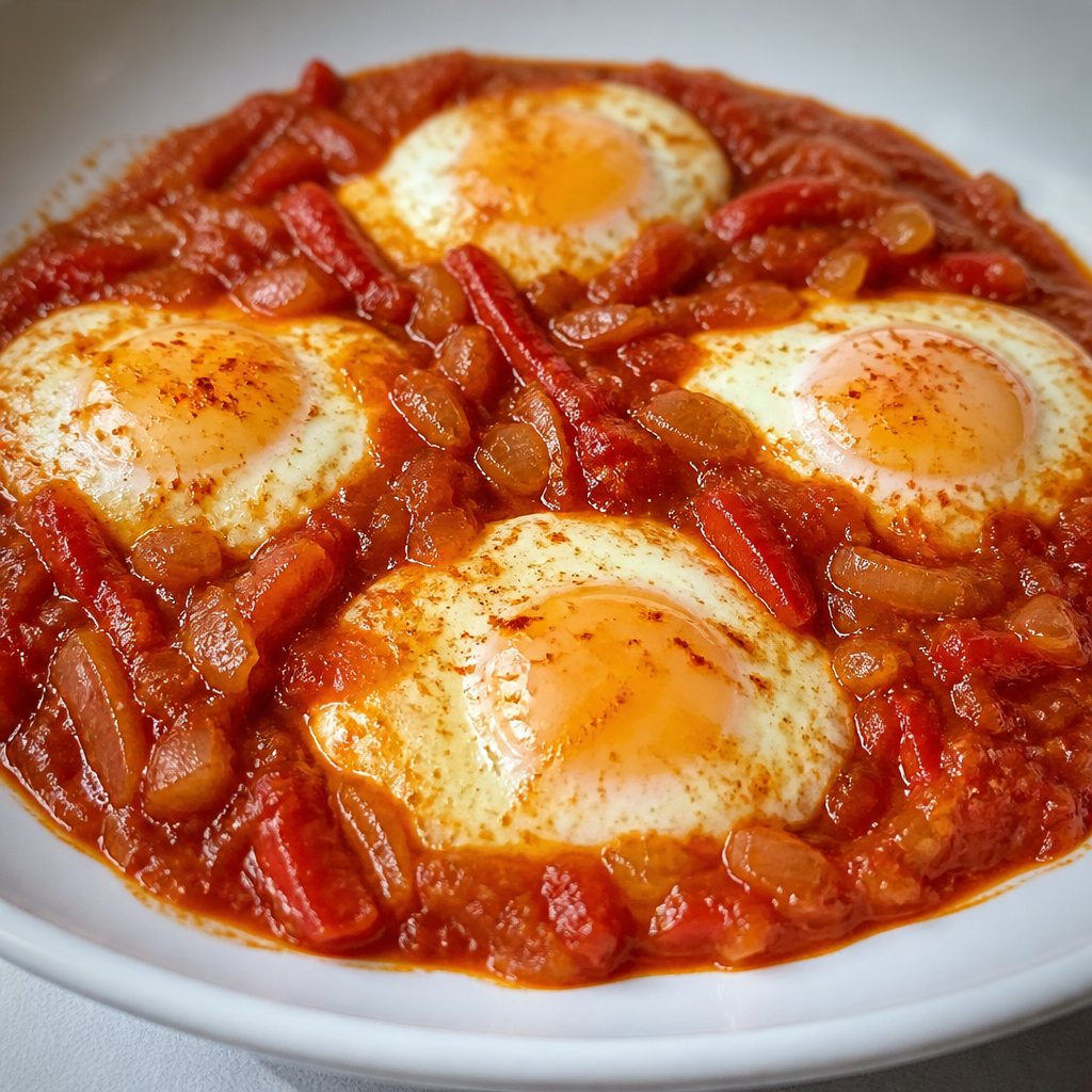 Shakshuka de tomate y pimientos con huevos y perejil fresco