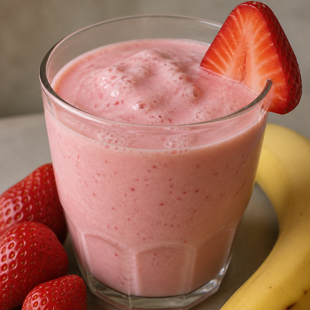 Smoothie rosado de frutilla y yogur servido en un vaso
