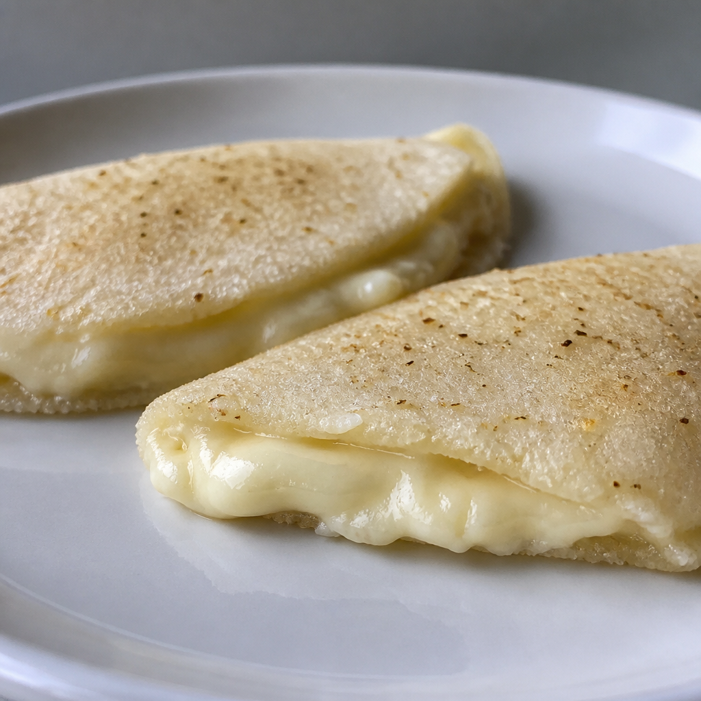 Tapioca dorada rellena de queso cremoso, servida en un plato de desayuno