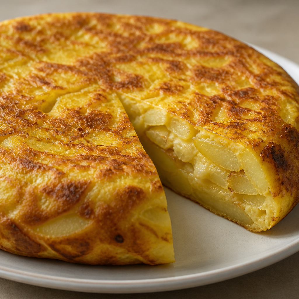 Tortilla española dorada de papas y cebolla cortada en porciones