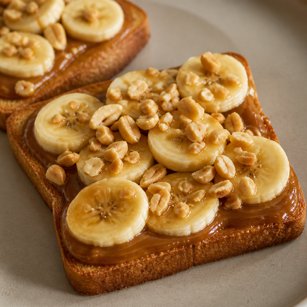 Tostadas doradas con dulce de leche, banana y maní picado
