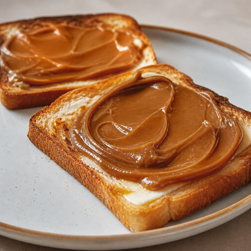 Tostadas doradas con manteca y dulce de leche sobre un plato