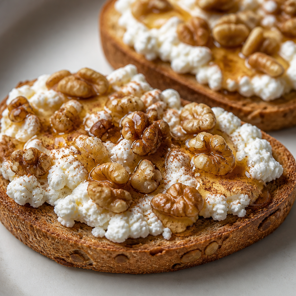 Tostadas doradas con ricota, miel y nueces picadas