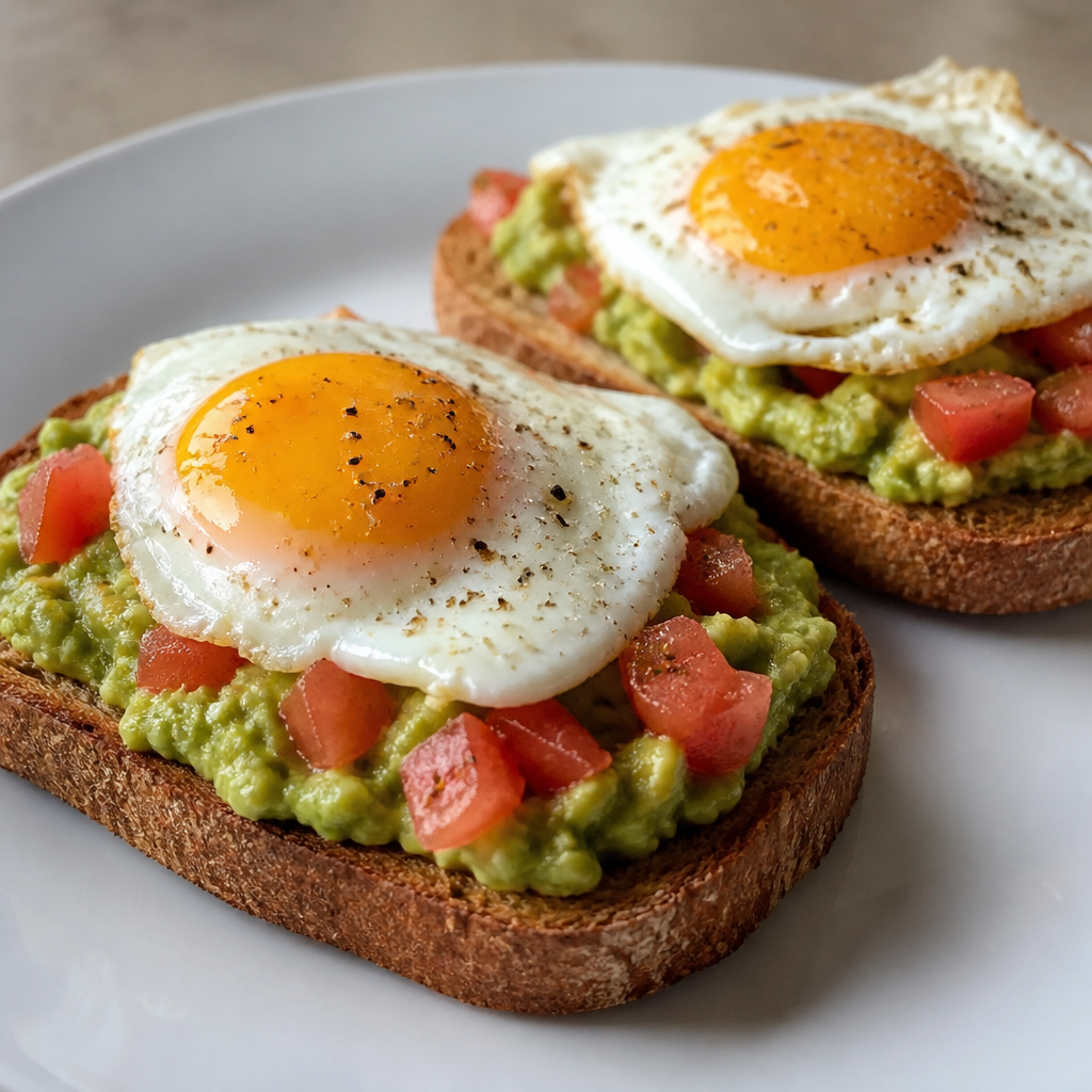 Tostadas de palta con huevo y tomate sobre un plato