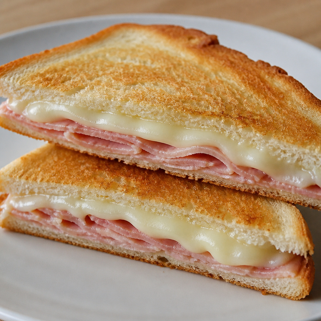 Tostado dorado de jamón y queso servido en un plato