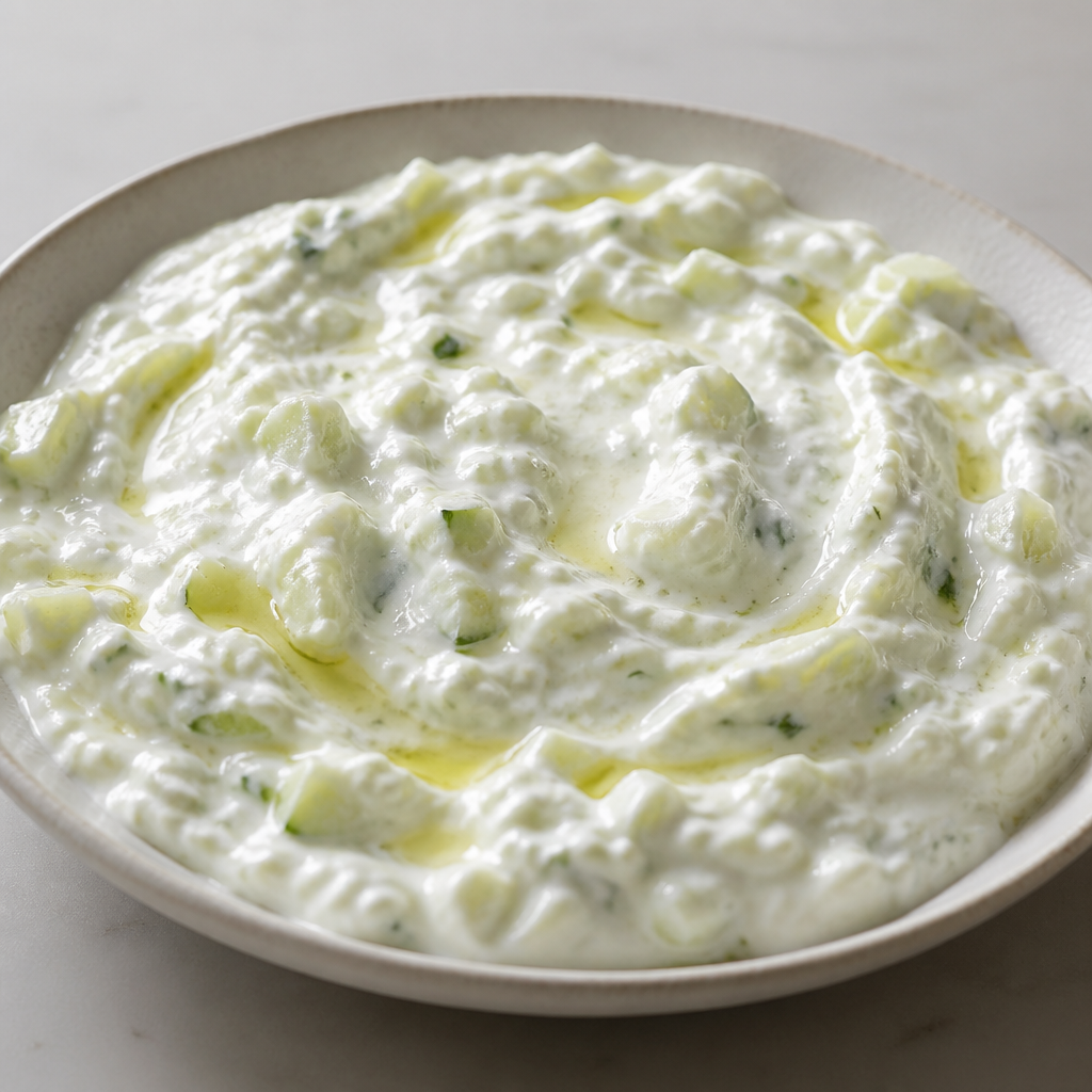 Tzatziki de yogur y pepino servido en un bowl con hierbas frescas