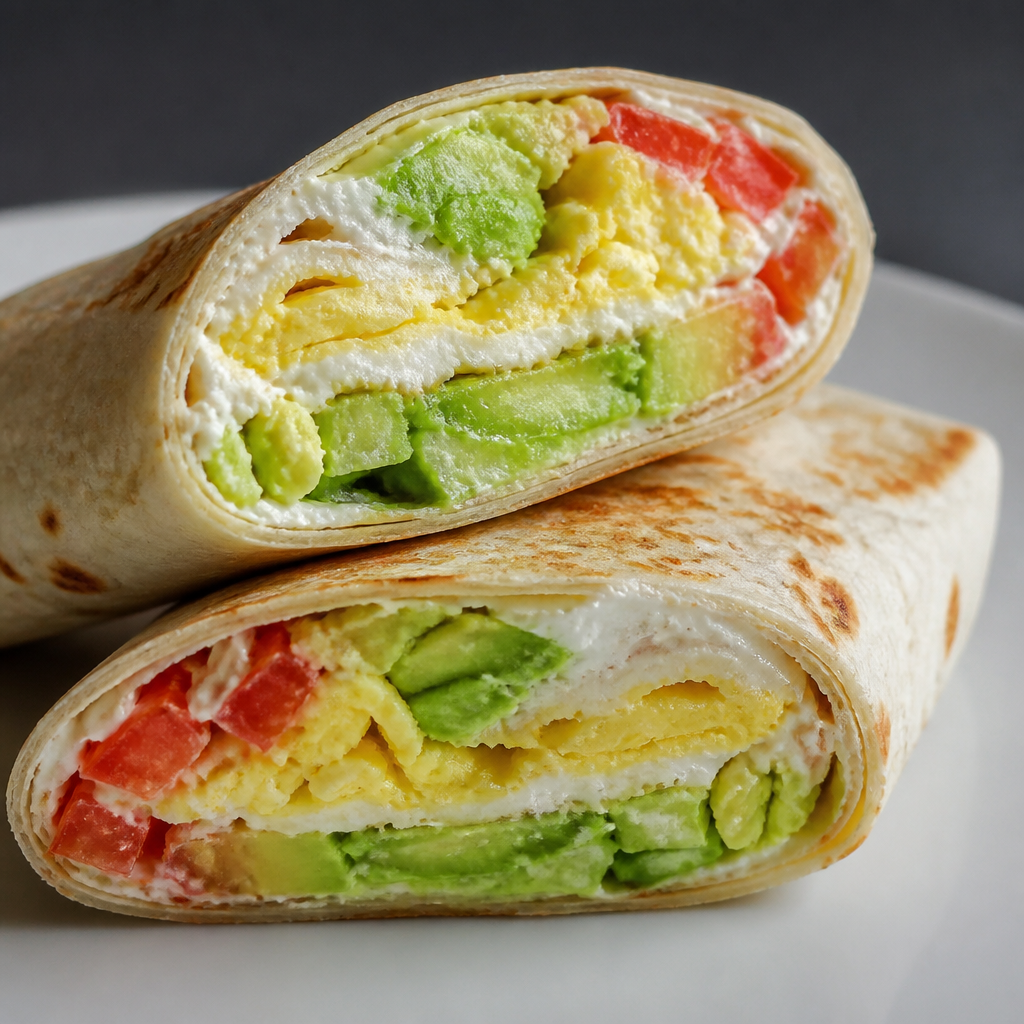 Wrap de huevo, palta, queso y tomate servido en un plato