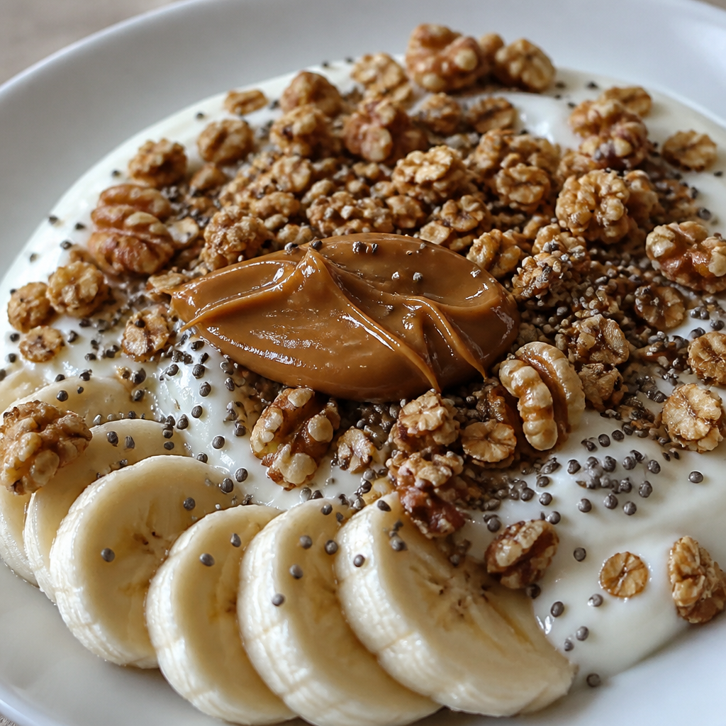 Vaso de yogur con granola, banana y dulce de leche
