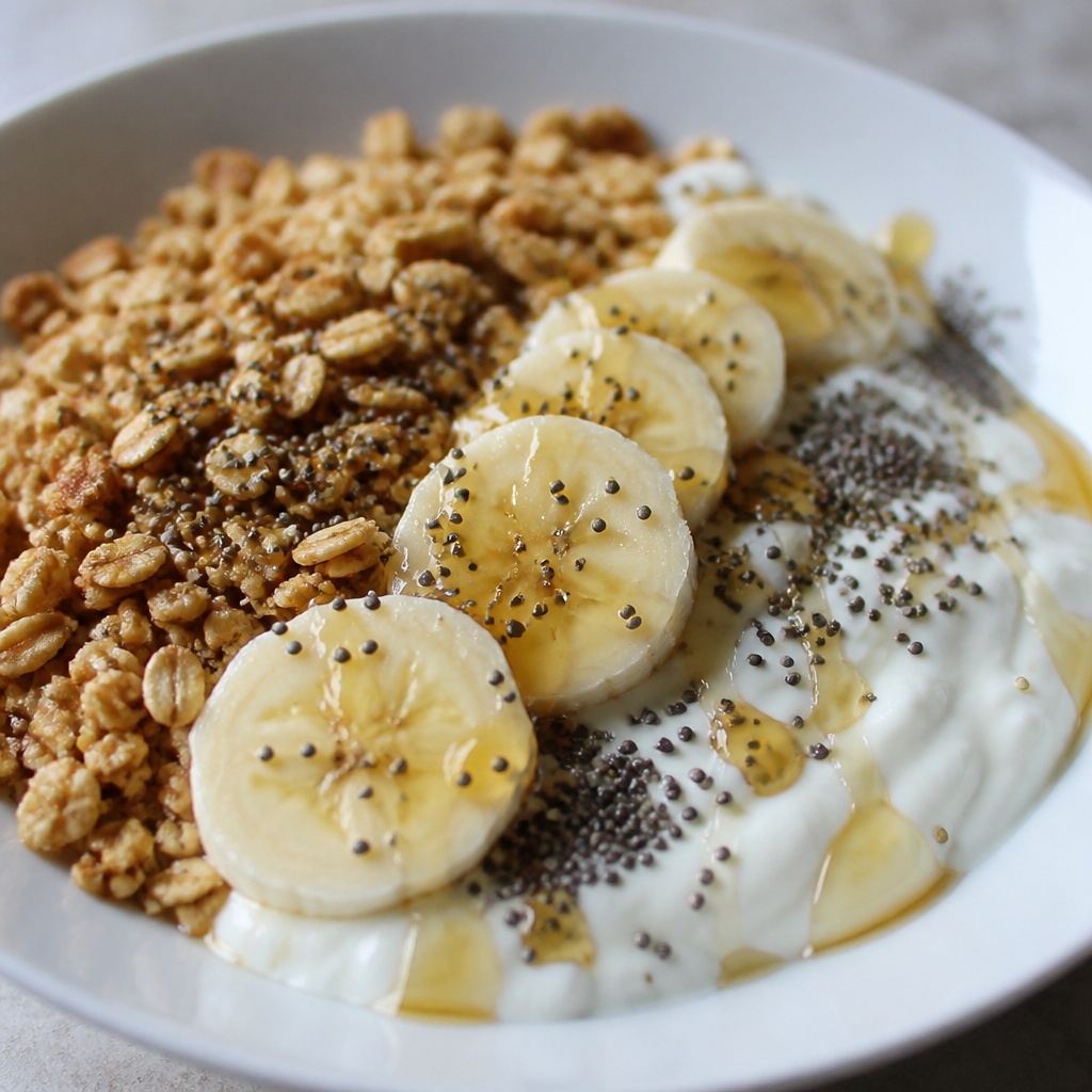 Vasitos de yogur con granola, banana, chía y miel