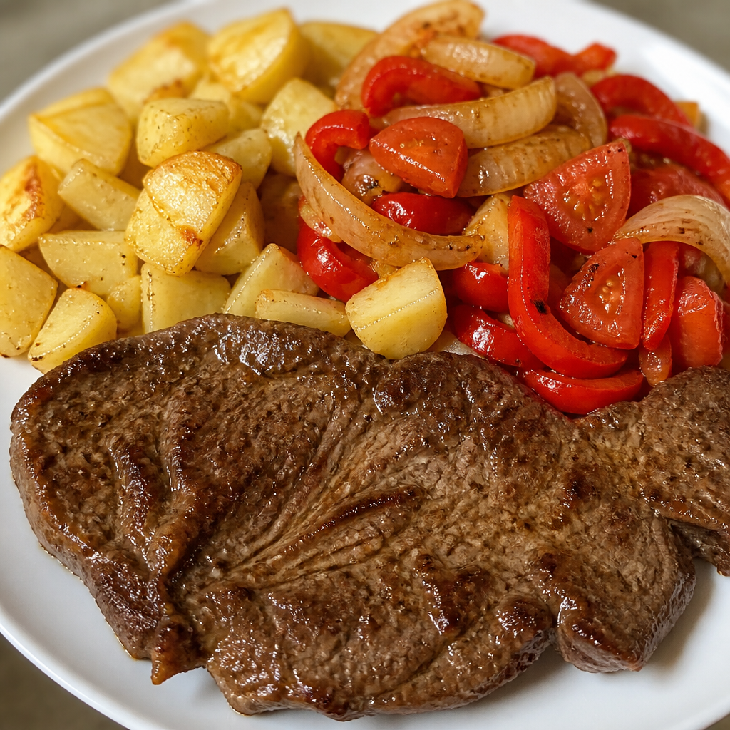 Bifes a la criolla con papas, cebolla, morrón y tomate