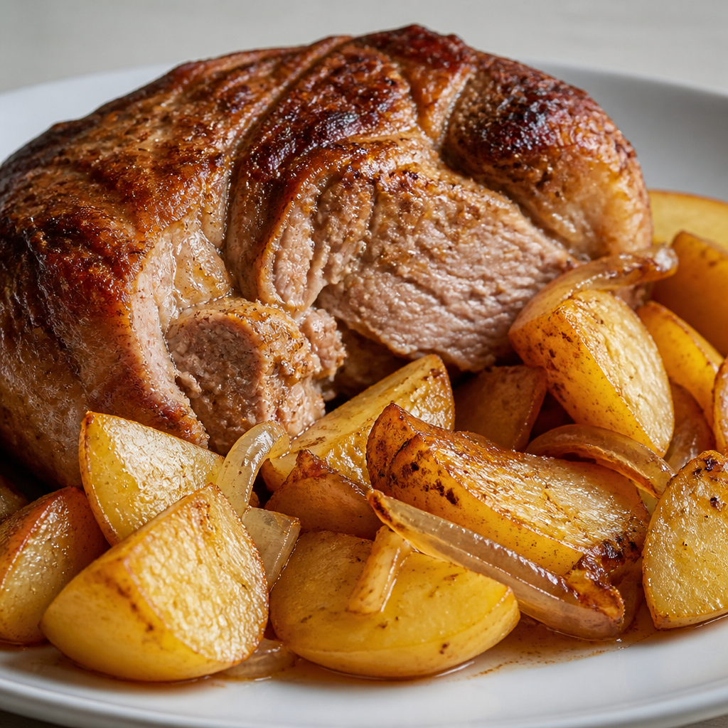Bondiola de cerdo al horno con papas doradas y cebolla