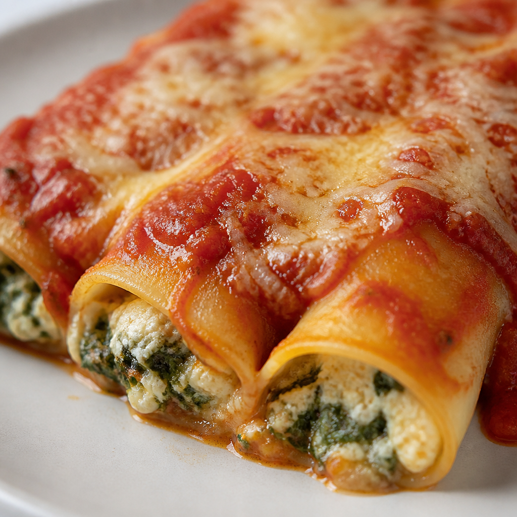 Canelones de ricota y espinaca con tuco y queso gratinado