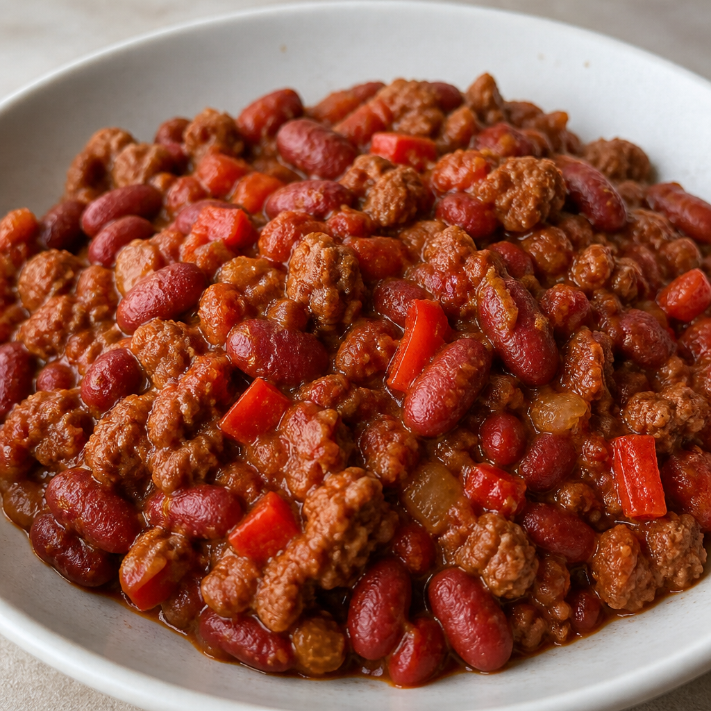 Chili con carne y porotos servido en un bol con morrón y hierbas