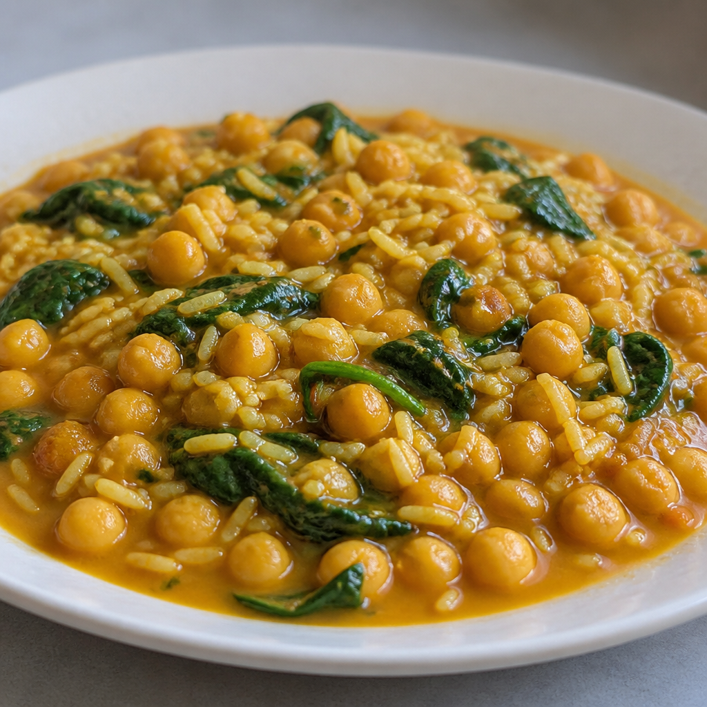Curry de garbanzos con arroz servido en un plato hondo
