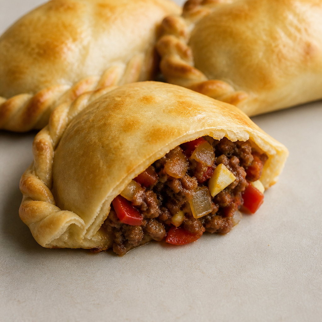Empanadas argentinas de carne doradas al horno sobre una fuente